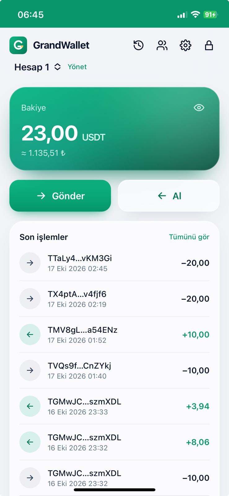 GrandWallet uygulaması: bakiye, Gönder ve Al düğmeleri ve son işlemler